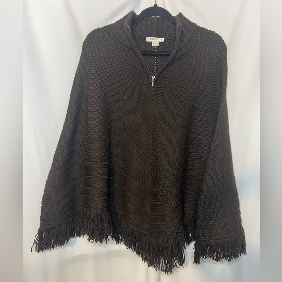 Pendleton Womens Brown 100% Merino Wool Knit Poncho 1/4 Zip Sweater Fringe OSFM - Picture 1 of 4